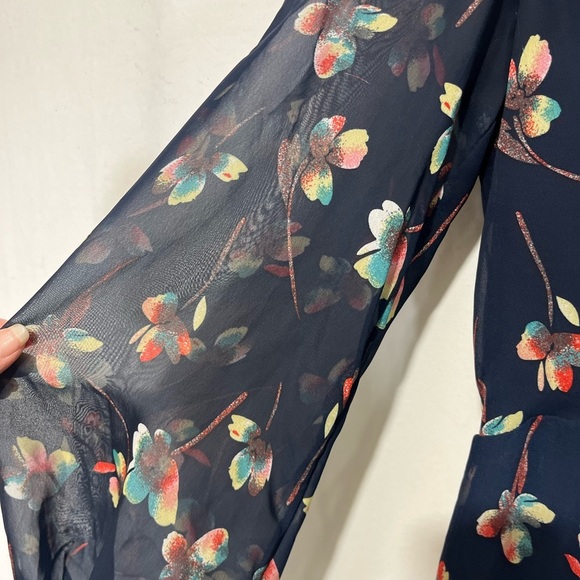 Betsey Johnson Navy Floral Mini Dress Neck Tie Sheer Long Sleeves V Neck Size 6 - Picture 8 of 13